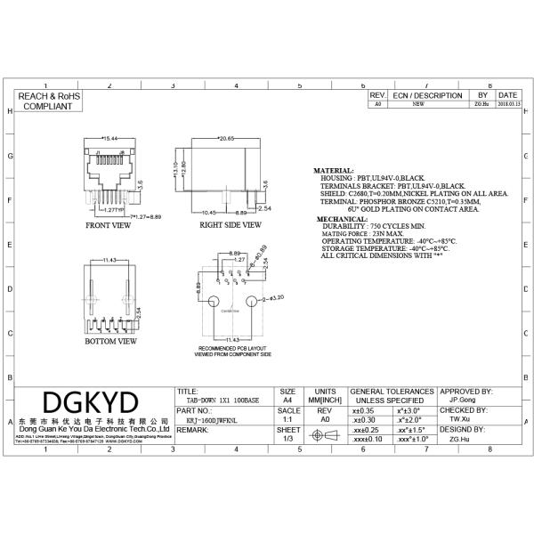 10/100 BASE 1x1 Tab Down RJ45 Network Connector with transformer PBT black