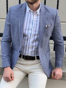 Quality Slim Fit Self Patterned Blue Business Casual Blazer Outfit for sale