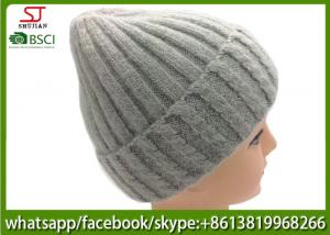 Quality Chinese manufactuer knitting stripe beanie winter hats 45%cony hair 15%wool 40%Acrylic104g 20*21cm light grey best price for sale