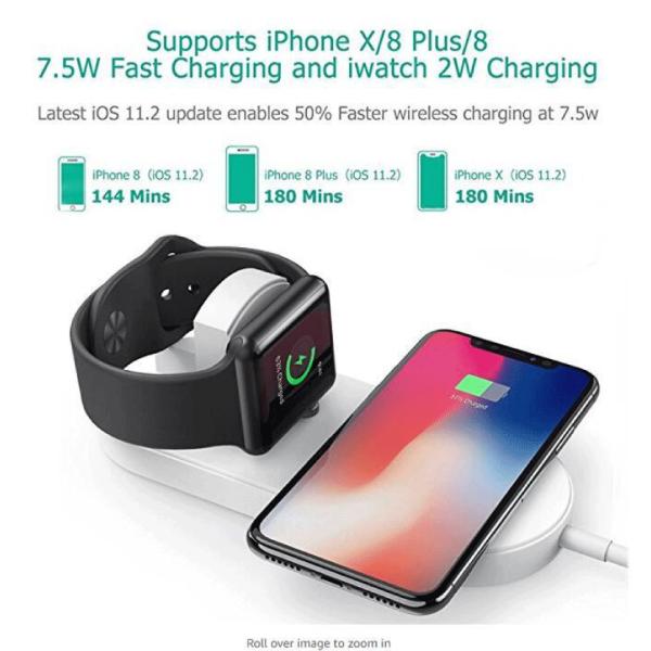 White 5W 7.5W 10W 2 in 1 fast wireless charger pads for iPhone and iWatch with QI standard,ST solution