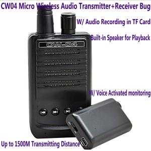 Quality CW04 Mini Wireless Remote Audio Transmitter Receiver Spy Bug W/ Voice Recording in TF Card for sale