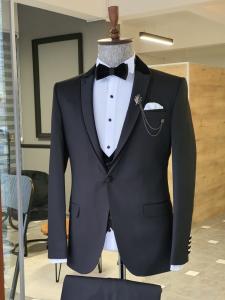 China Black Custom Tuxedo Suit 65% Viskon 35% Polyester With Velvet Collar Detail Vest Tuxedo on sale