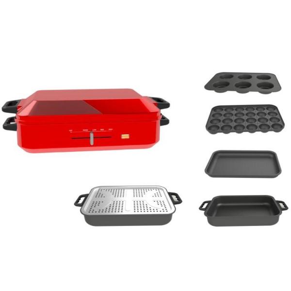 Red Multi Function Cooker Contact Grill Takoyaki Maker Multi Pans With Smokeless Grill Plate