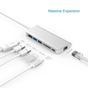 USB C Hub 6 in 1 Aluminum Multiport Adapter With USB-C Charging Port 3 USB 3.0 ports 4K  output for Macbook Pro