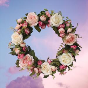 Quality Spring Rose Artificial Fake Flower Wreath Wall Hanging Weatherproof for sale