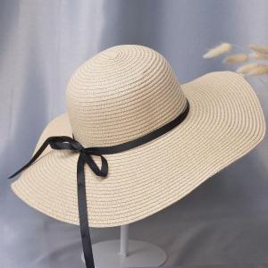 Quality New Summer Wide Brim Straw Hat Sun Bow Floppy Straw Hat Women Beach Straw Hat Vacation for sale