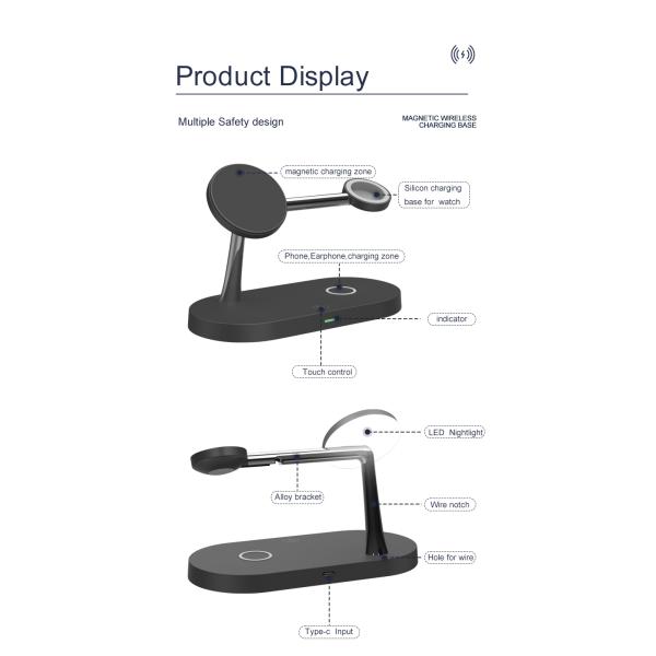 4 In 1 Wireless Fast Charger T68C 15W/10W Industrial Mobile Phone Charger Support Apple and Samsung Charging Bracket