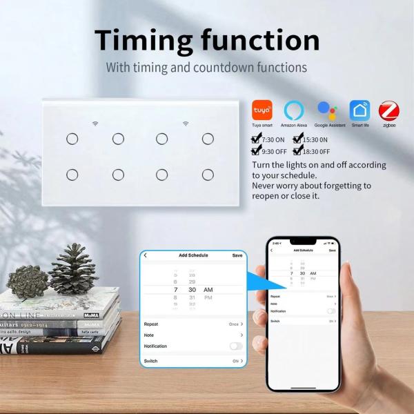 Touch Control Zigbee Switch Module Voice Control ABS PC 8 Gang White Touch