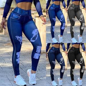 Quality Yoga Tights Leggings Jean Yoga Pants High Waist Faux Denim Stretch Pencil Bottoming Casual for sale