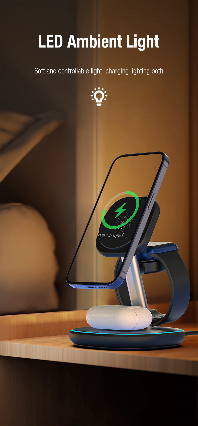 White 15W 3 In 1 Wireless Charging Station for Smart Watch and Earphone Connect Type C