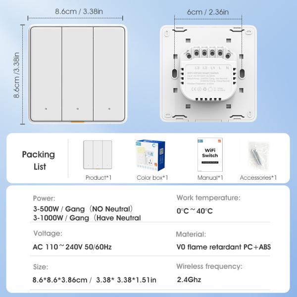 Tuya WIFI RF433 Smart Wall Light Button Push Switch 110-250v No Neutral Wire Single Fire Timing Voice App Tmall Genie, Alexa, Google Home