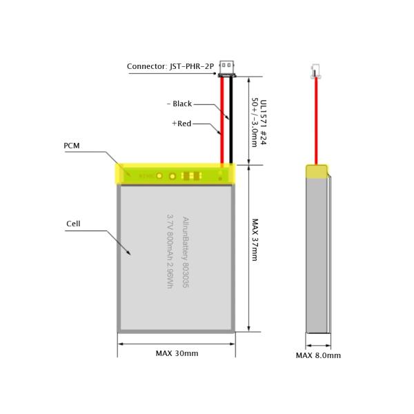 803035 Lithium Polymer Battery drawing