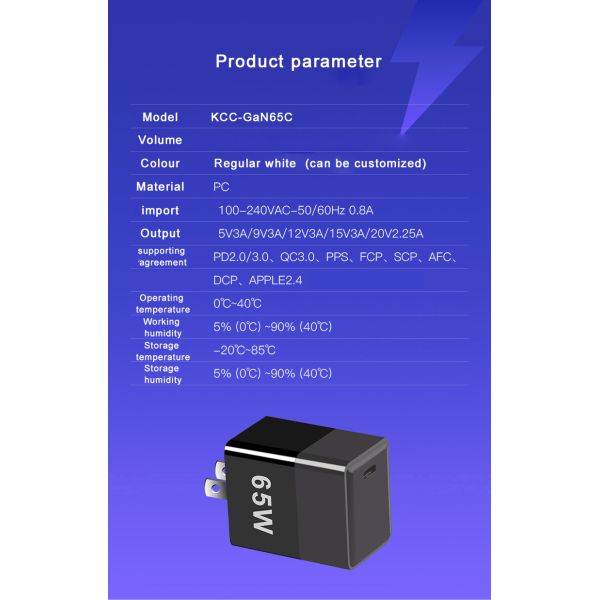 Short Circuit Protection 65W GaN Charger with QC4.0 PD and USB C Ports EU/US/UK Plug