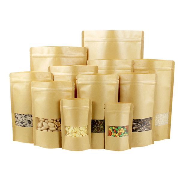 Custom Biodegradable Kraft Eco Stand Up Pouch Bags 90mico With Window