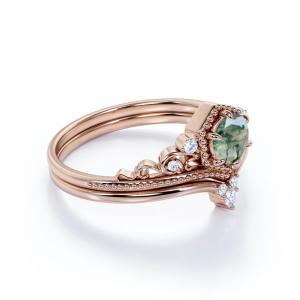 China Filigree Chevron Tiara 0.6 carat Round Cut Moss Green Agate and CZ Wedding Ring Set in Rose Gold on sale