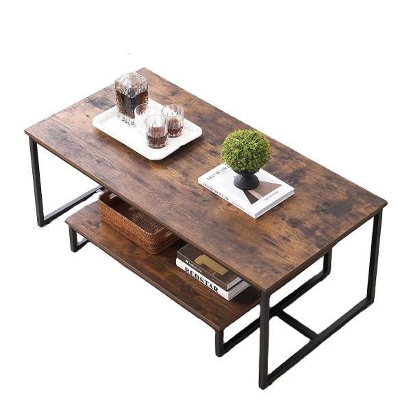 Buy Rustic Wood And Metal Coffee Table Rectangular Nesting Side Tables at wholesale prices