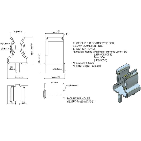 SL630M 6.35mm Diameter PCB Fuse Clips 0.5mm Thickness Berllium Copper