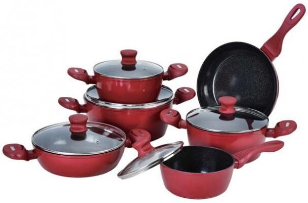 Buy 12pcs red italian prestige camping forged aluminum non-stick cookware set at wholesale prices