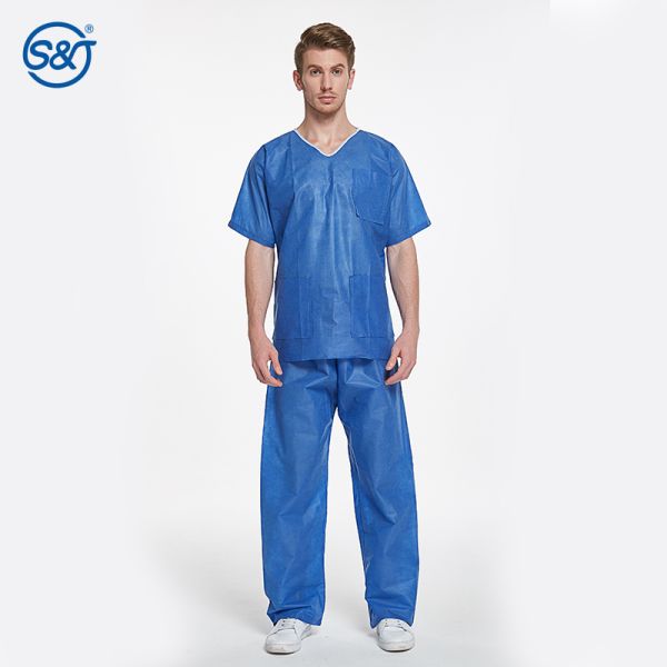 SMS Disposable Medical Scrub Scrub Suit Two Pieces Suit Short Sleeve Shirt and Pants Disposable Medical Clothing Dental Clinic