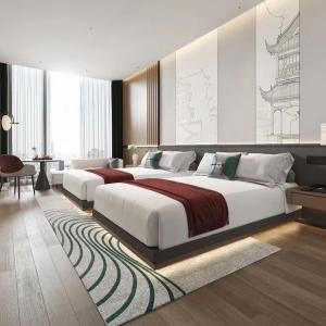China Luxury Modern Hotel Bedroom Furniture Sets Walnut Veneer Bed E1 Plywood Customized on sale