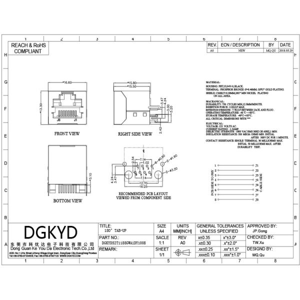 DGKYD52T1188GWA1DY1008 RJ45 Interface 52T 180 Degree In Line Network Port Socket 8P8C No Light Shielding Connector