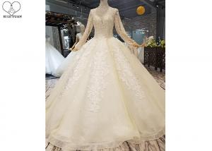 Quality Ivory Long Sleeve High Neck Bridal Gowns Backless Sweep Train Special Beaded Net for sale