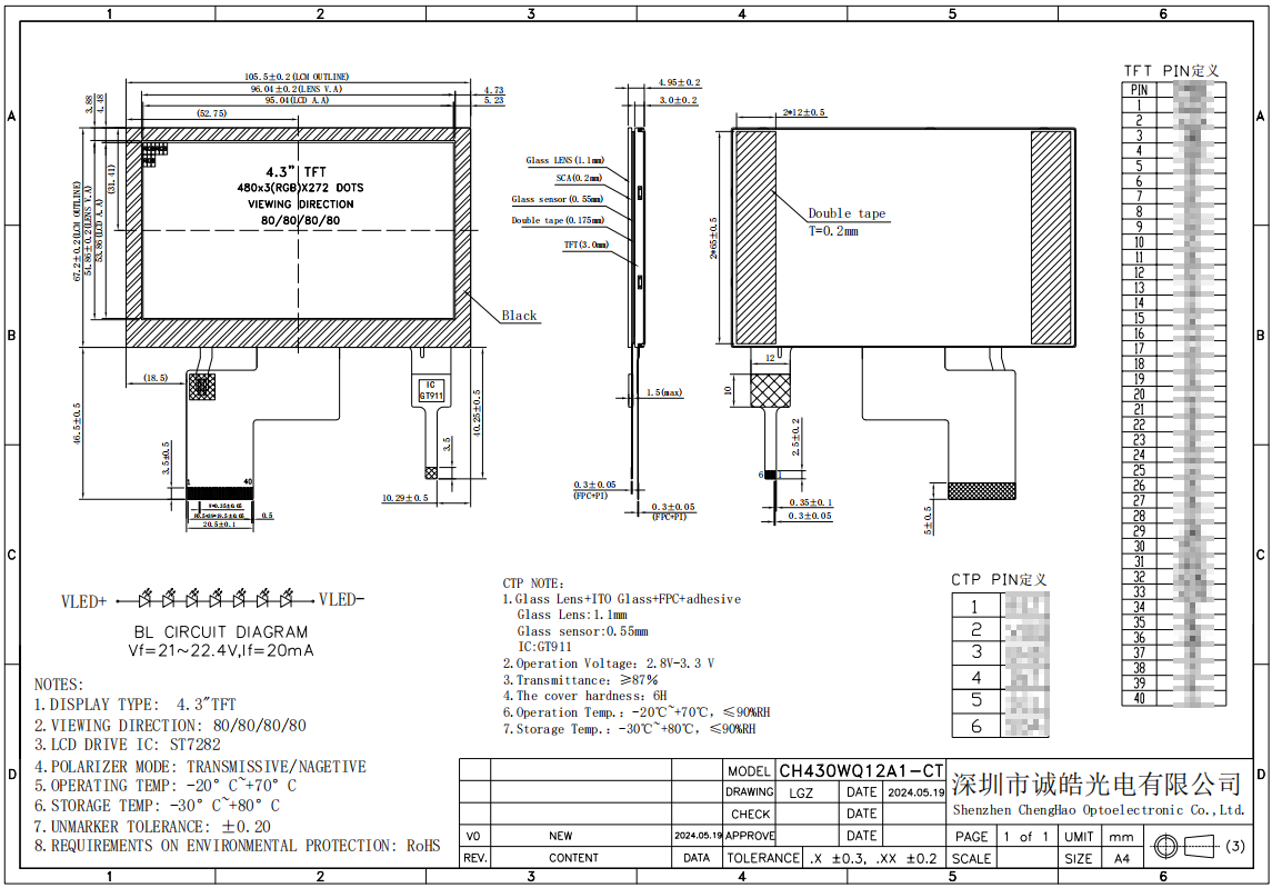 High Brightness 4.3 Inch LCD Touch Screen 16M Color Display Mode IPS /transmissive/ Normally Black