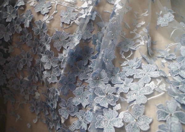 Buy Royal Blue Embroidery Tulle Lace Fabric With 3D Flowers For Haute Couture at wholesale prices