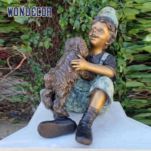 Custom Life Size A Bronze Statue Of A Young Man Playing With His Dog