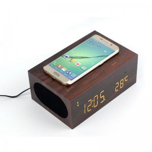 Quality Wood Qi Charger Bluetooth Stereo Speaker , Double USB NFC Alarm with Thermometer Function for sale