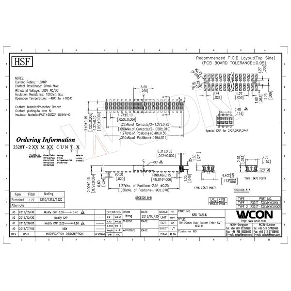 Female Dual Row Header Connector SMT With Post 1.0AMP 1.27mm H=2.0