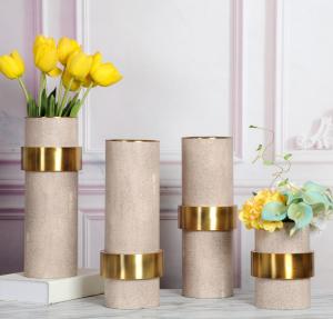 Quality Wholesale Decorative Flower Vases Gold Plated with Marble Cylinder Flower Pot Set for sale