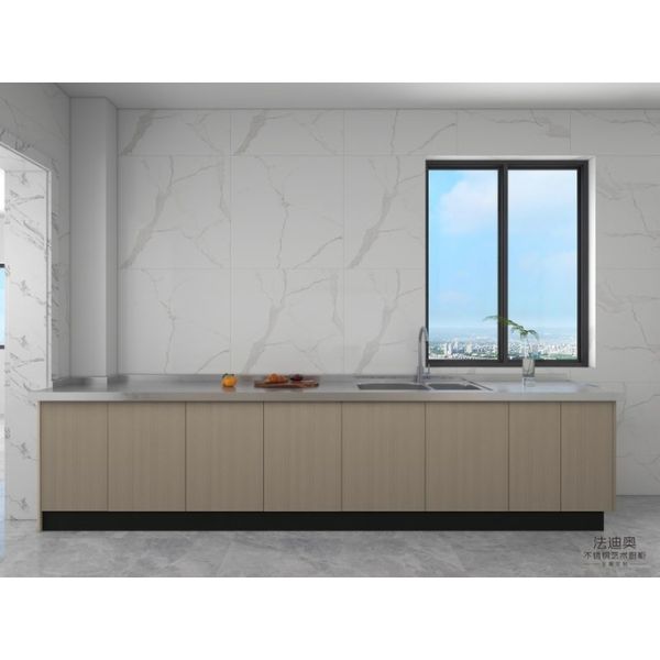 Stainless Steel Double Linear Kitchen Cabinets Light Wood Grain With Enhanced Storage Solution