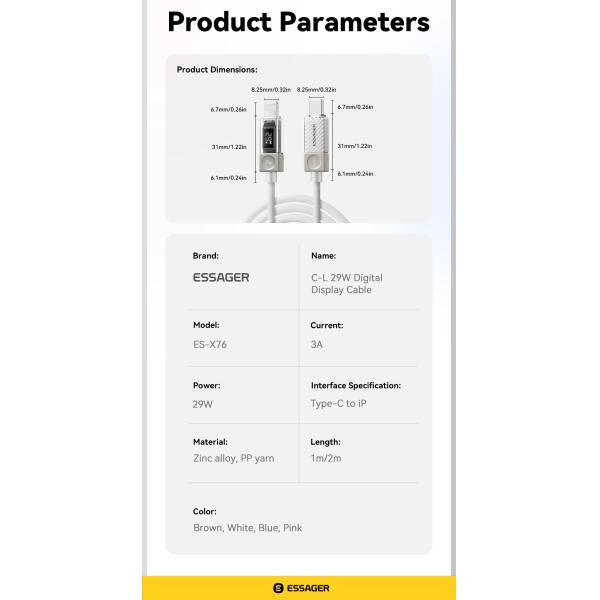 ESSAGER ES-X76 Usb C To Lightning Pd 29W Charging Data Cable 3Ft 6Ft Digital Display