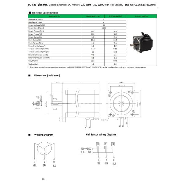 Custom Brushless DC Motor 86mm PMDC 48V 750 Watt Sensored Brushless DC Motor