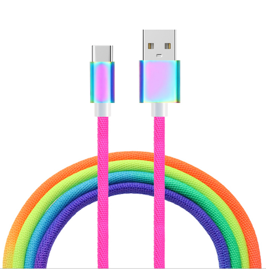 Vibrant Rainbow Braided Cable - Metal Connector & Tangle-Free Design