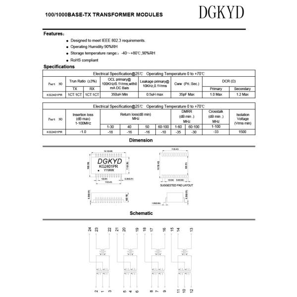 SMD 24 PIN 100/1000 Cat6 Ethernet Transformer KG2401PR