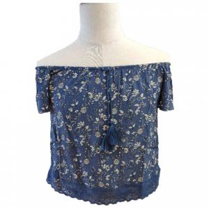 Quality Plain dyed Laceup Ruffles Floral Print O Neck Shirt For Ladies for sale