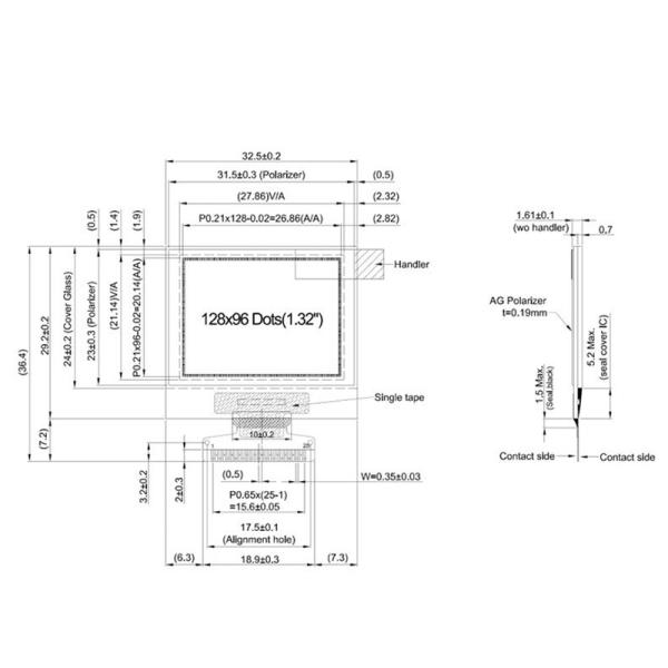 1.32 Inch Pmoled Display, 128x96 Resolution, 25 Pins 3/4 Spi I2c Interface, White Blue Oled Display