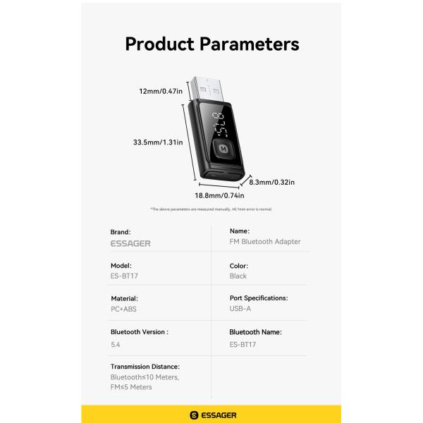 Bluetooth 5.4 FM Car Adapter with 10m Range USB-A