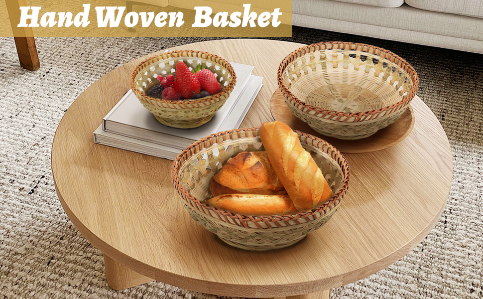 Round Rattan Fruit Baskets Woven Storage Bowls Key Holder Stackable for Shelf Kitchen Tabletop