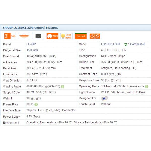 15 Inch Medical LCD Panel LQ150X1LG98 XGA 1024*768 LVDS , Medical Grade Display