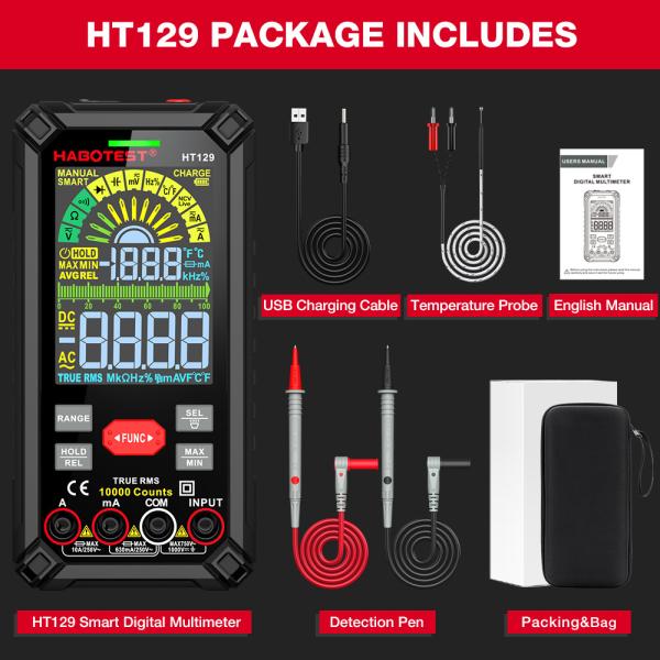 HT129 10000 Counts Digital Multimeter Smart Anti-burn DC AC Voltage Current True RMS Voltmeter Rechargeable Multitester