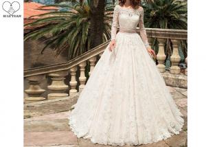 Quality White Lace Elegant Long Sleeve Wedding Dresses Beaded Belt Floor Length for sale