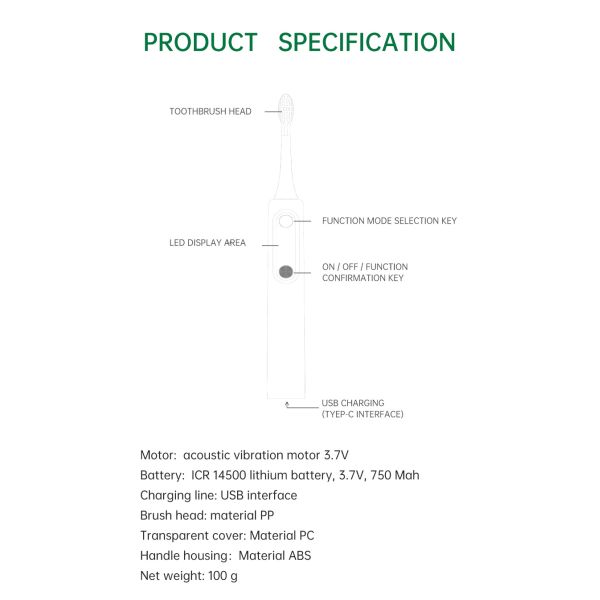Baolijie SN-P1 Customized Logo Rechargeable Electric Toothbrush with 60 Days Runtime 33600RPM and 1 Year Warranty