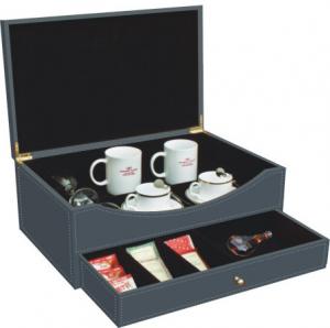 China PU Hotel Leather Products Tea Set Coffee Mug Packet Tray With Drawer And Lid on sale