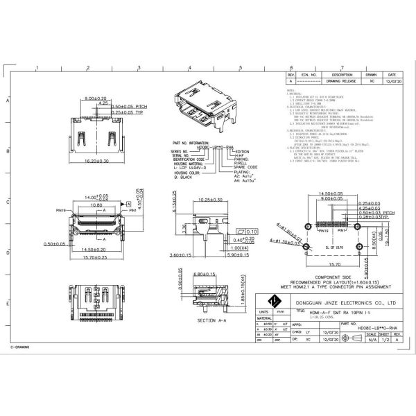 Brass C2680 19Pin STD Female Micro HDMI Socket Connector Panel Grd Flange With Plastic Feet
