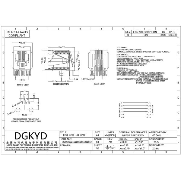 DGKYD5721E1166IWA1DB1057 Single Port 180 Degree TAB UP RJ45 Modular Connector With PBT Housing