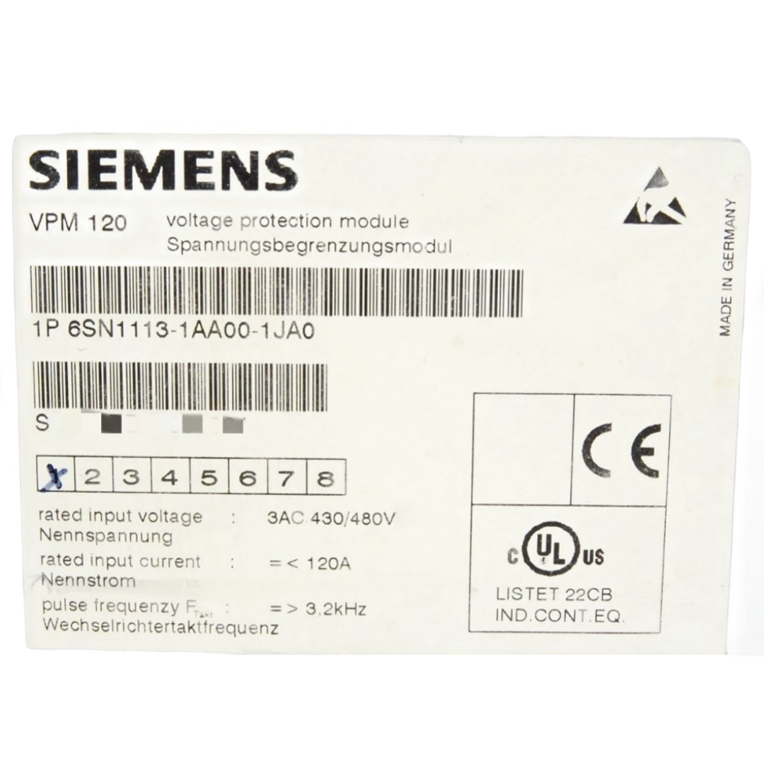 SIEMENS 6SN1113-1AA00-1JA0 VOLTAGE PROTECTION MODULE 120 A 120 A FOR NEW PLANTS ORDER SUCCESSOR 6SN1113-1AA00-1JA1