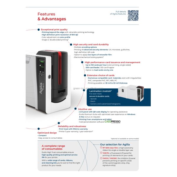 Evolis Agilia Retransfer Card Printer with 600 dpi Resolution and USB 2.0 Ethernet Interface